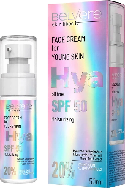 ​کرم صورت مرطوب‌کننده و ضدآفتاب بلور مناسب پوست جوان Belvere Hya SPF 50 (حجم ۵۰ میل)